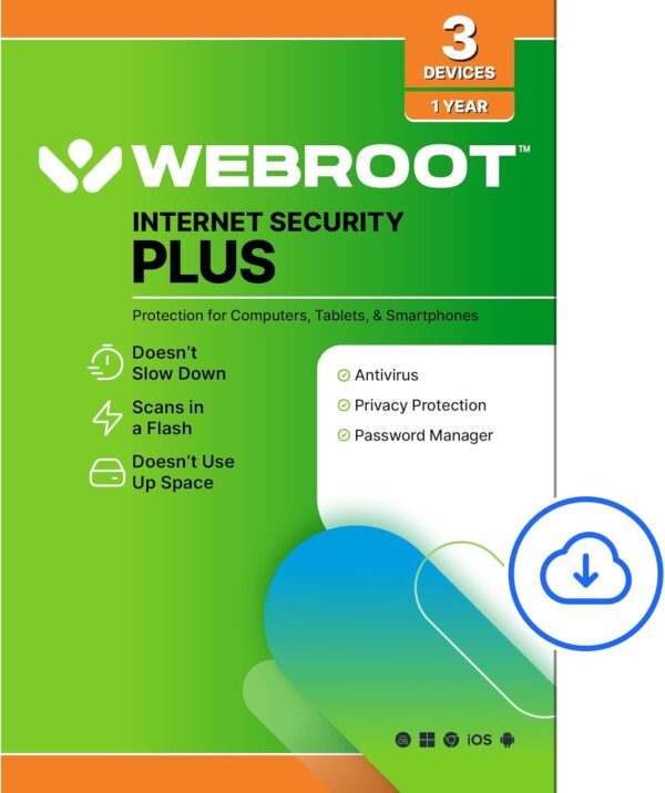 Webroot Internet Security Plus | Antivirus Software 2025 | 3 Device | 1 Year Download for PC/Mac/Chromebook/Android/IOS + Password Manager