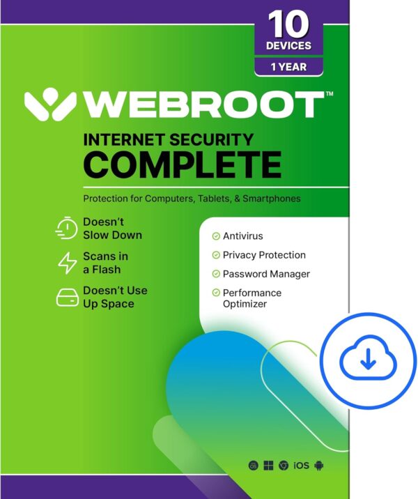 Webroot Internet Security Complete | Antivirus Software 2025 | 10 Device | 1 Year Download for PC/Mac/Chromebook/Android/IOS + Password Manager, Performance Optimizer